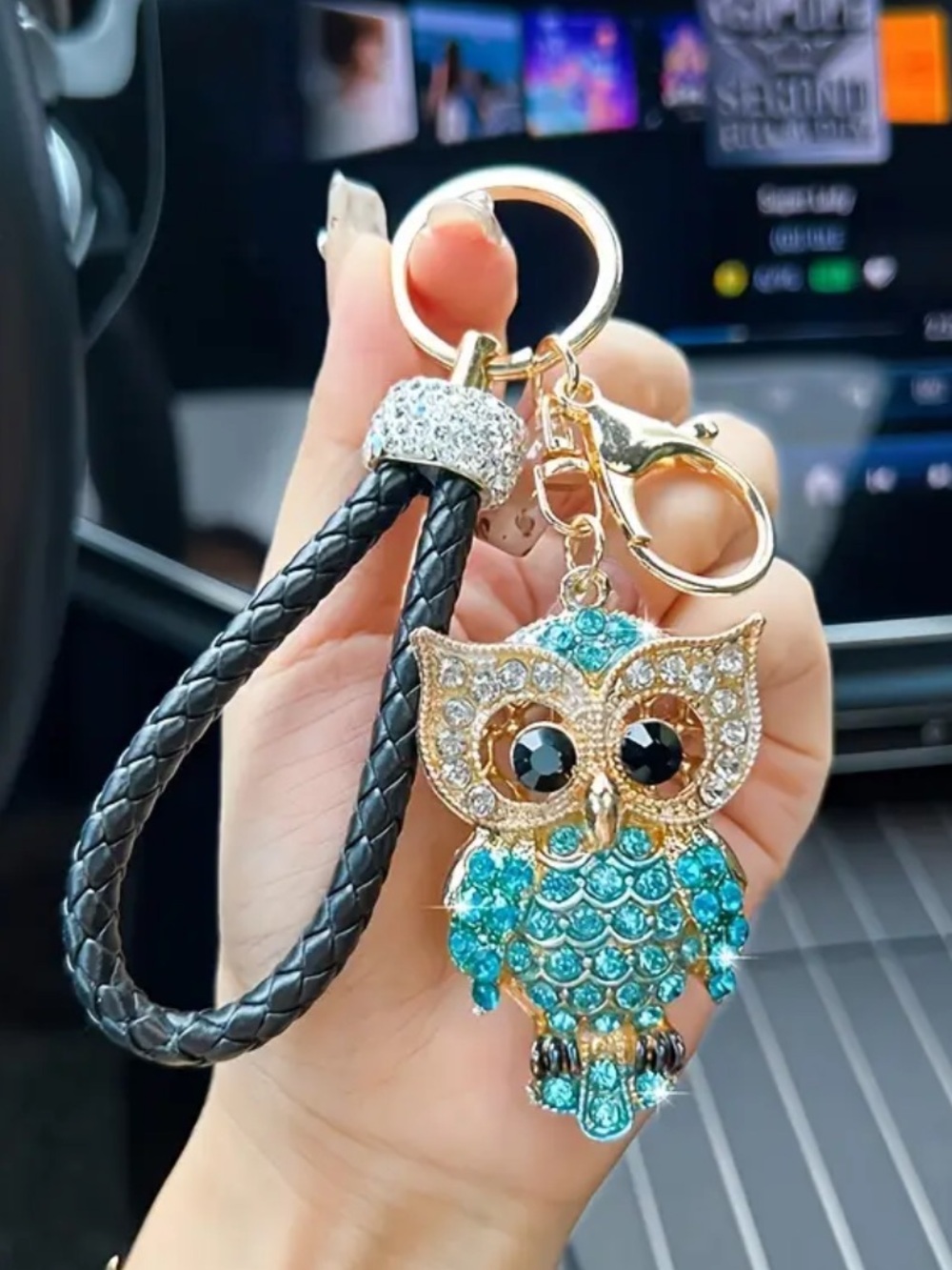 Gold Owl Crystal Keychain with Black Braided Loop - Turquoise